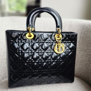 Lady Dior Black Patent Tote with Gold Accents